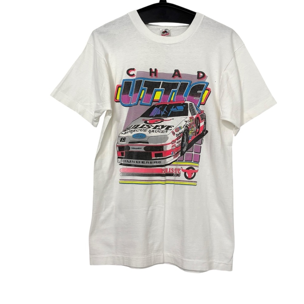 Vintage Y2K Men’s Large Chad Little White Multicolor Graphic Tee Shirt NASCAR